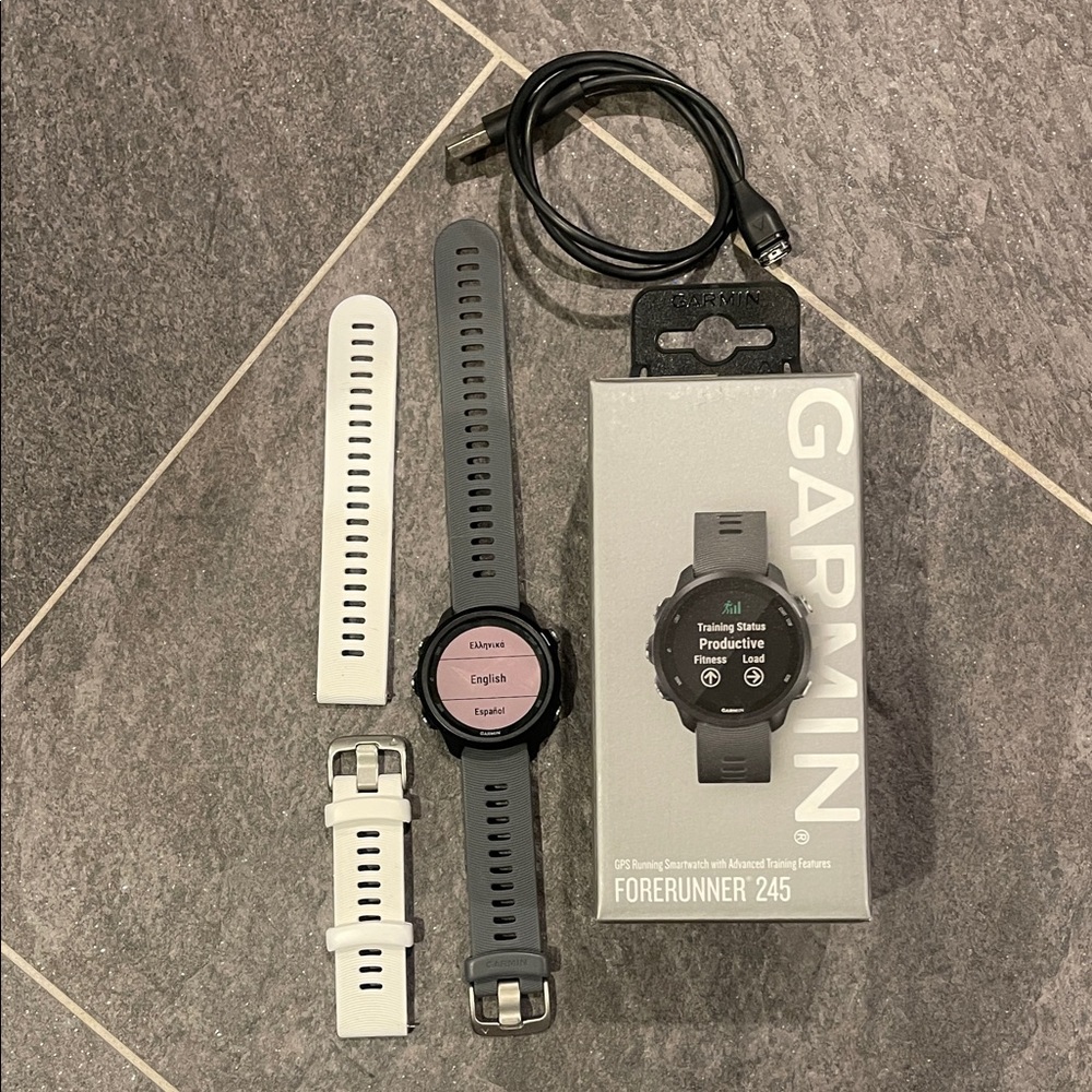 Garmin Forerunner 245 GPS Watch with Slate Grey and White Bands